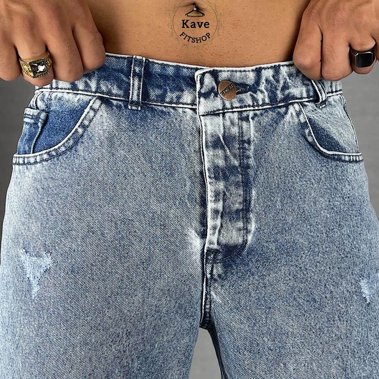 شلوار جین مردانه مدل نیم بگ رنگ آبی نمای دوخت