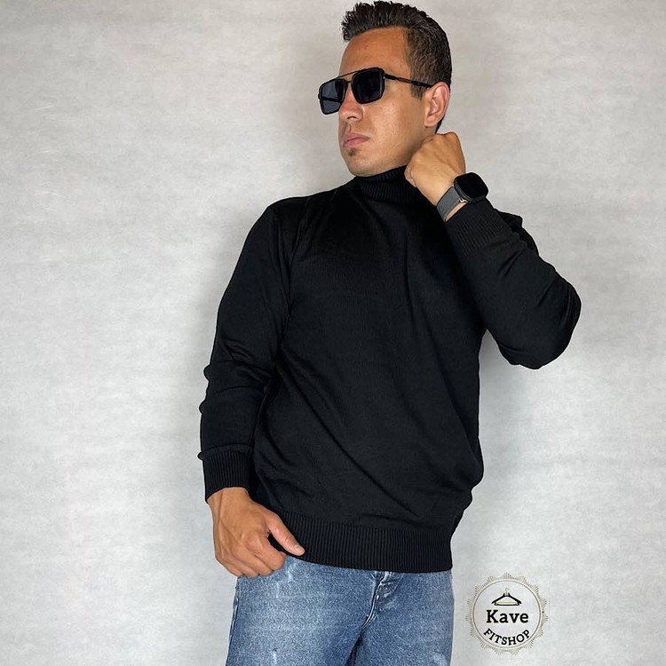 بافت مردانه مشکی مدل یقه اسکی نمای یقه