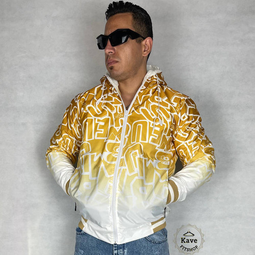 سویشرت مردانه شمعی ضدآب چاپ گرافیتی سفید زرد با داخل پشمی و کلاه