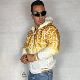 سویشرت مردانه شمعی ضدآب چاپ گرافیتی سفید زرد با داخل پشمی و کلاه نمای بغل