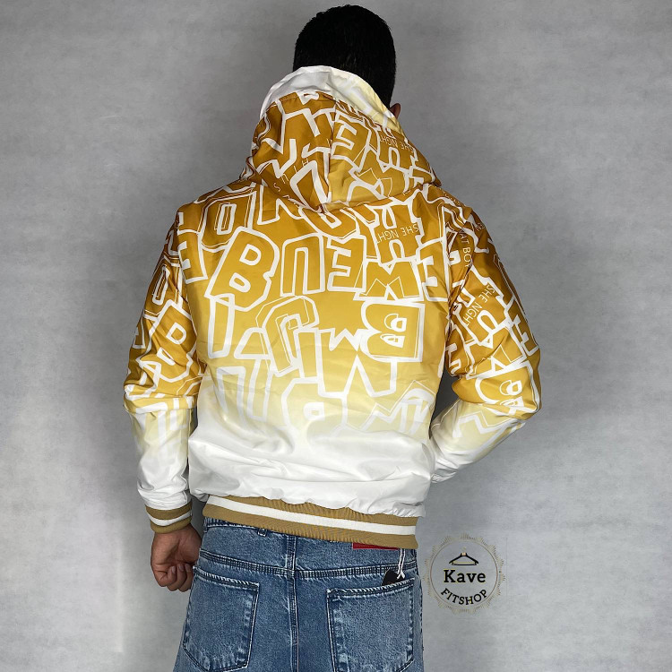 سویشرت مردانه شمعی ضدآب چاپ گرافیتی سفید زرد با داخل پشمی و کلاه نمای پشت