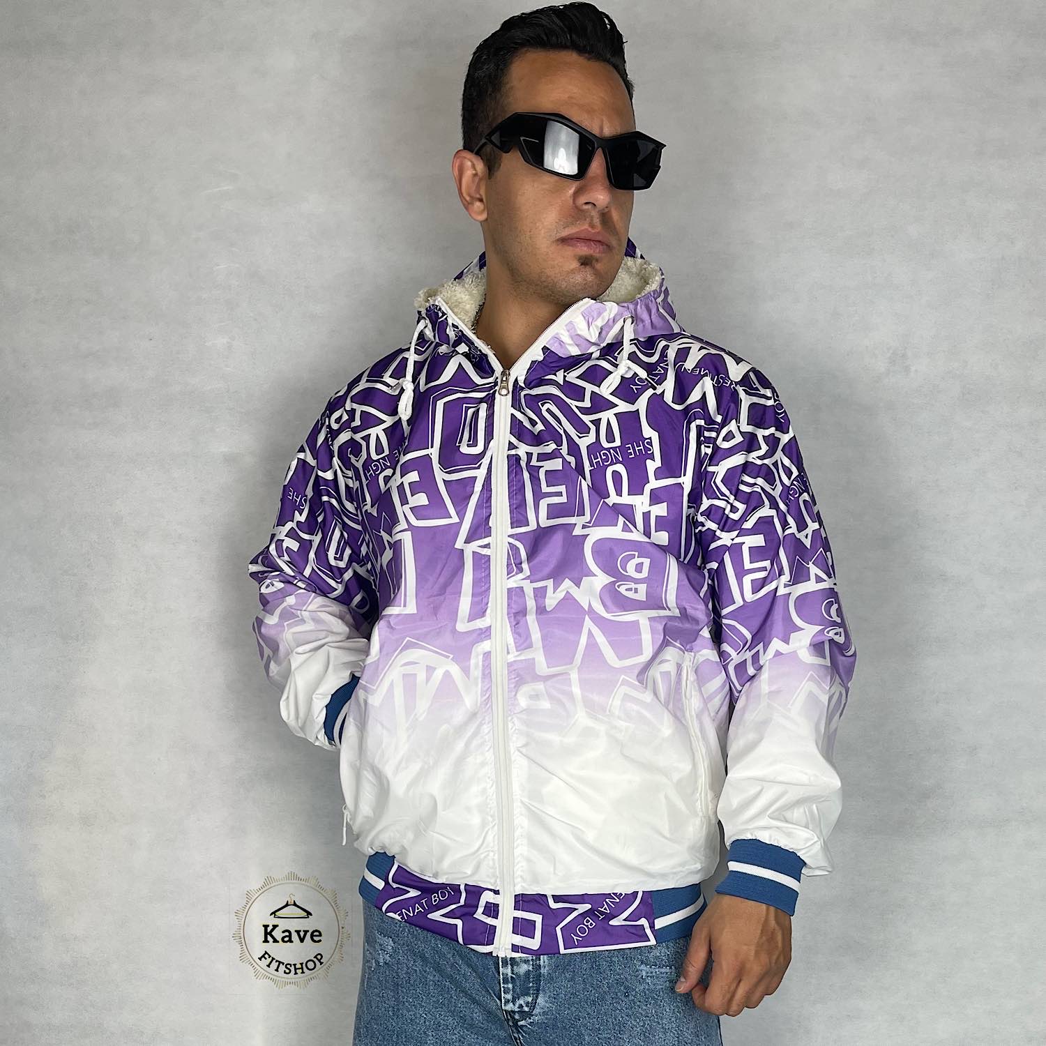 سویشرت مردانه شمعی ضدآب چاپی داخل پشمی سفید بنفش نمای جلو