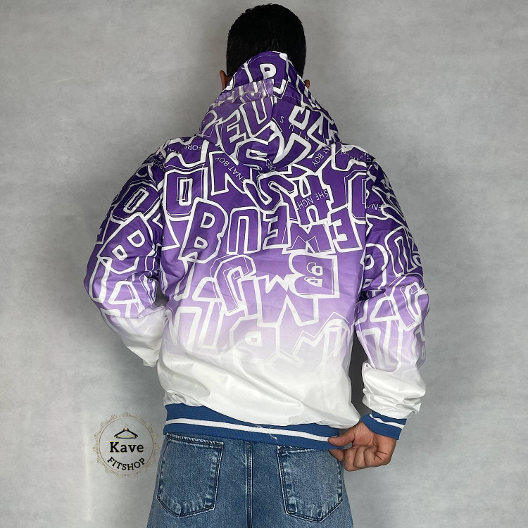 سویشرت مردانه شمعی ضدآب چاپی داخل پشمی سفید بنفش نمای پشت