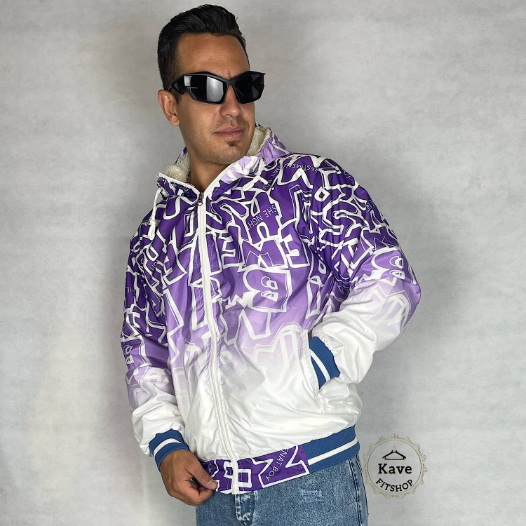 سویشرت مردانه شمعی ضدآب چاپی داخل پشمی سفید بنفش نمای چپ