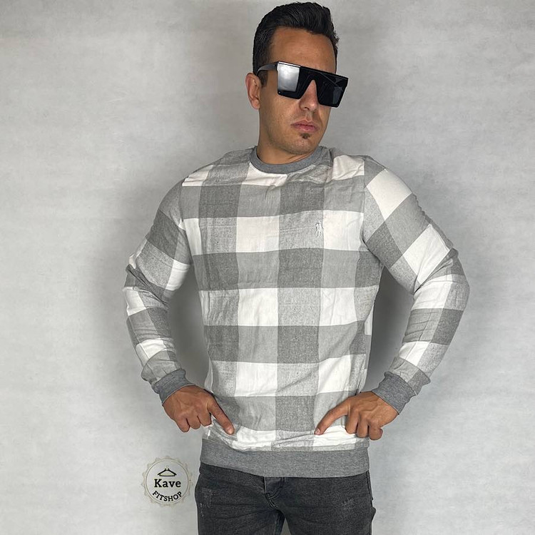 دورس مردانه موهر چهارخانه طوسی سفید با طرح مدرن و آستین بلند – نمای روبرو