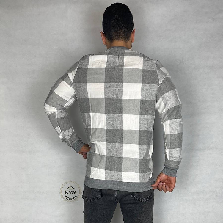 دورس مردانه موهر چهارخانه طوسی سفید با طرح مدرن و آستین بلند نمای پشت