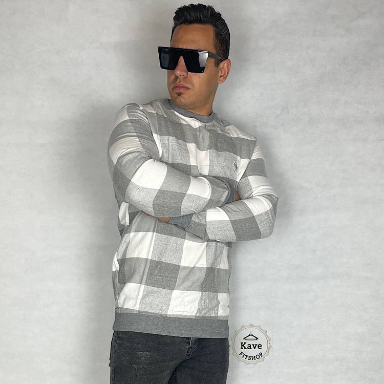 دورس مردانه موهر چهارخانه طوسی سفید با طرح مدرن و آستین بلند – مناسب پاییز و زمستان