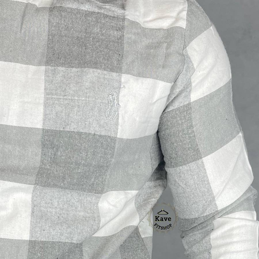 دورس مردانه موهر چهارخانه طوسی سفید با طرح مدرن و آستین بلند نمای دوخت