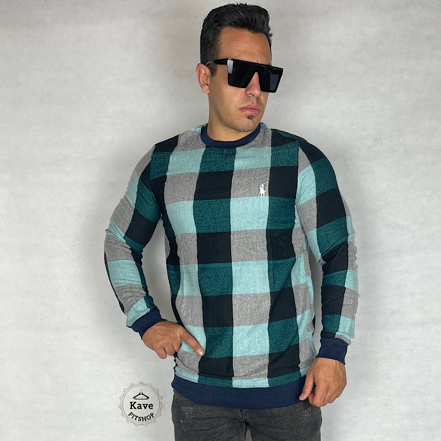 دورس مردانه موهر چهارخانه مشکی سبز با طرح مدرن و آستین بلند نمای روبرو