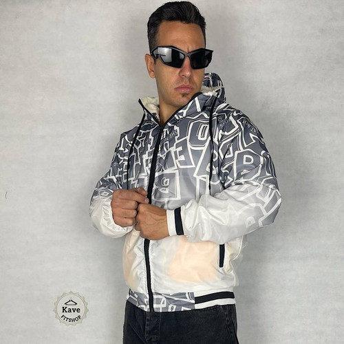 سویشرت مردانه شمعی ضدآب چاپی داخل پشمی سفید طوسی