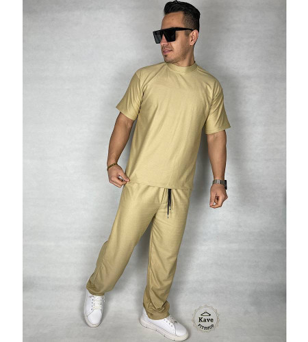 ست تیشرت و شلوار مردانه مدل بیسکویتی کرم