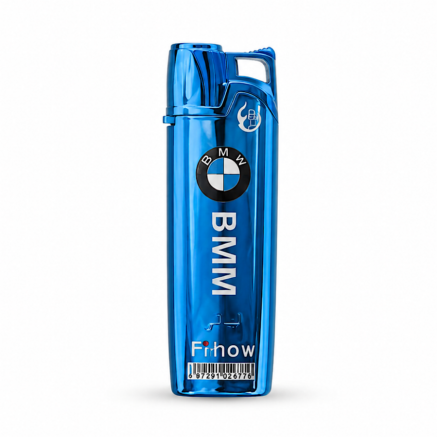 فندک اتمی گازی طرح BMW رنگ آبی با بدنه فلزی، طراحی مدرن و شیک، شعله اتمی قدرتمند و قابل تنظیم، مناسب برای استفاده روزمره و هدیه