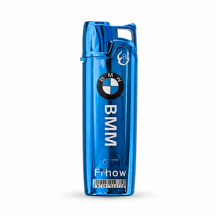فندک اتمی گازی طرح BMW رنگ آبی با بدنه فلزی، طراحی مدرن و شیک، شعله اتمی قدرتمند و قابل تنظیم، مناسب برای استفاده روزمره و هدیه